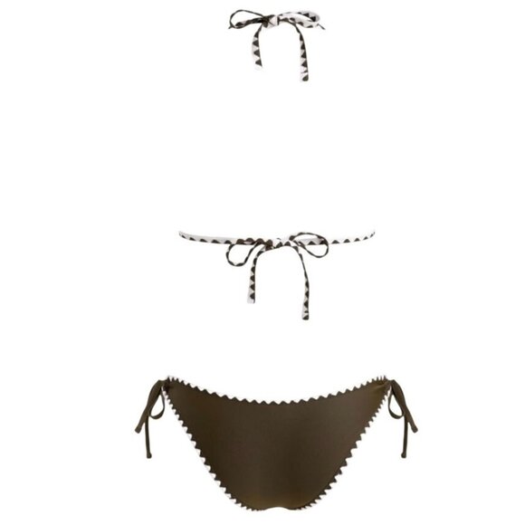 Cupshe XS Bikini Brown White Whipstitch Halter Plunge Tie Two Piece Swimsuit - Picture 5 of 9